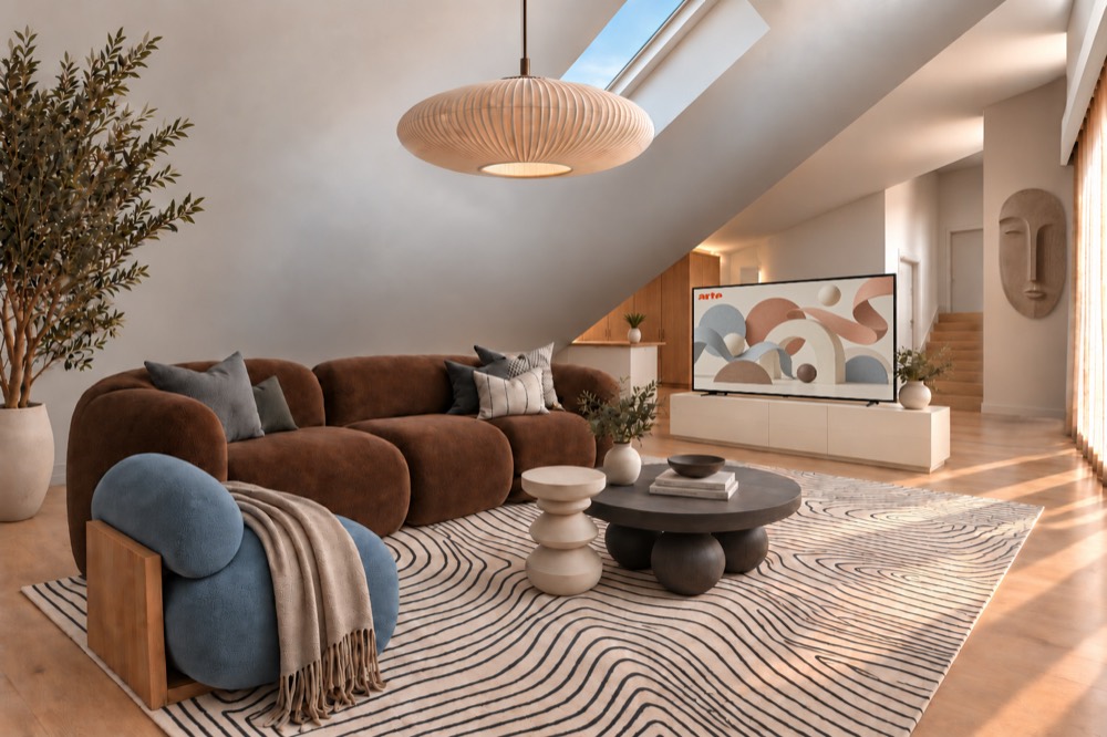 Visualisierung: Wohnzimmer im Dachgeschoss mit Dachschräge und Dachfenster