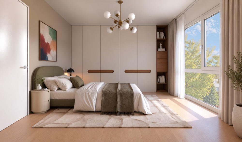 Visualisierung: Schlafzimmer mit Einbauschrank und grossem Fenster